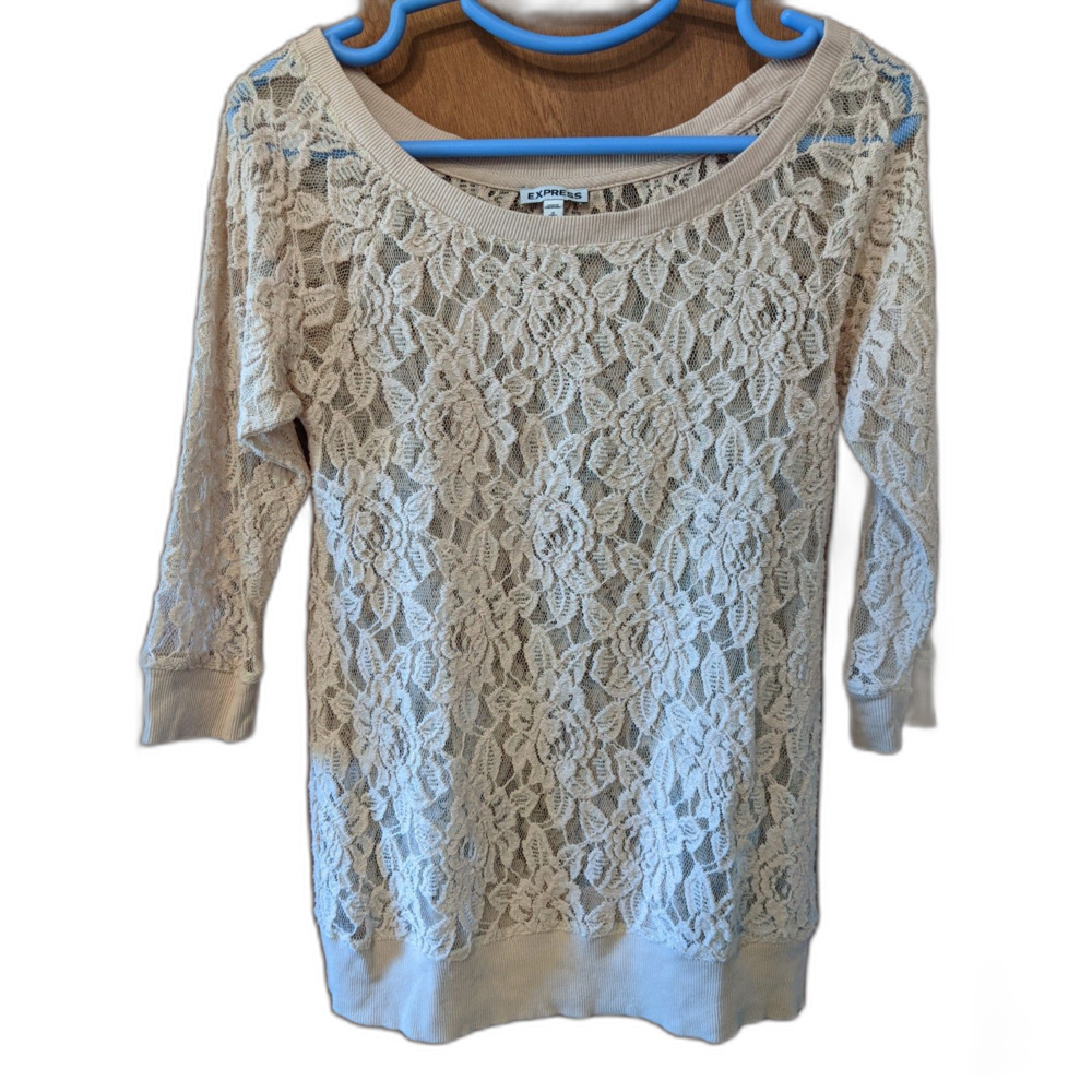 Express Sheer Stretch Lace Top Beige Knit Shirt Pull On 3/4 Sleeve Sz S Coquette